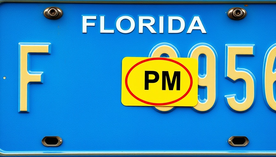 Florida license plate with PM sticker meaning highlighted, on blue background.