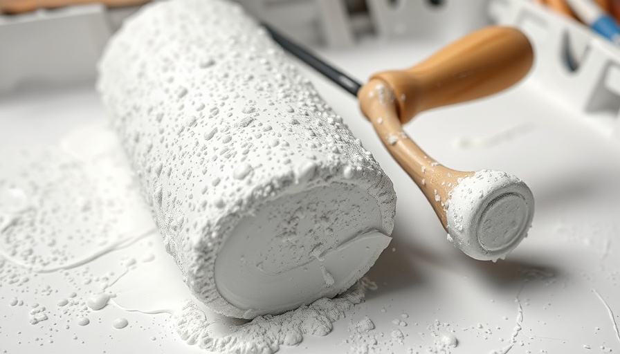 DIY paint roller with white paint in tray close-up.