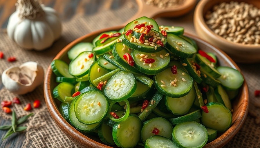 Asian Cucumber Salad Recipe with sesame and chili in kitchen.
