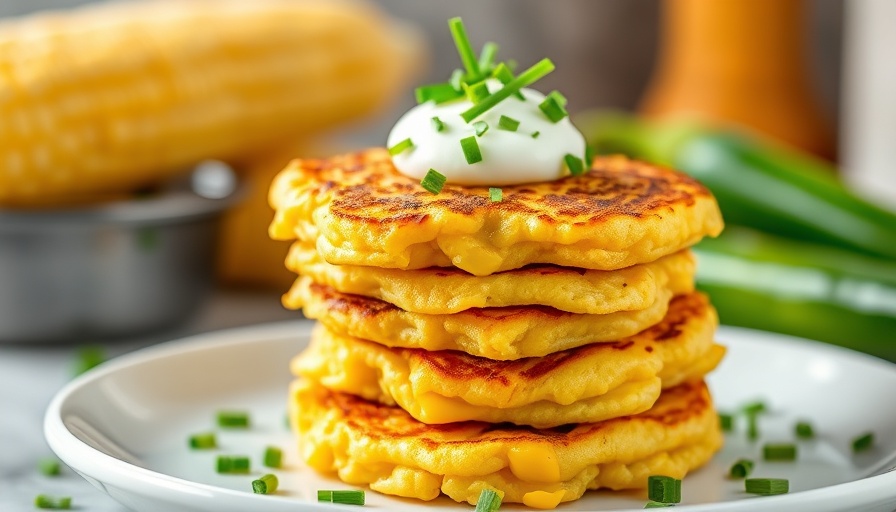 Sweet corn fritters topped with sour cream and chives, bright kitchen setting.
