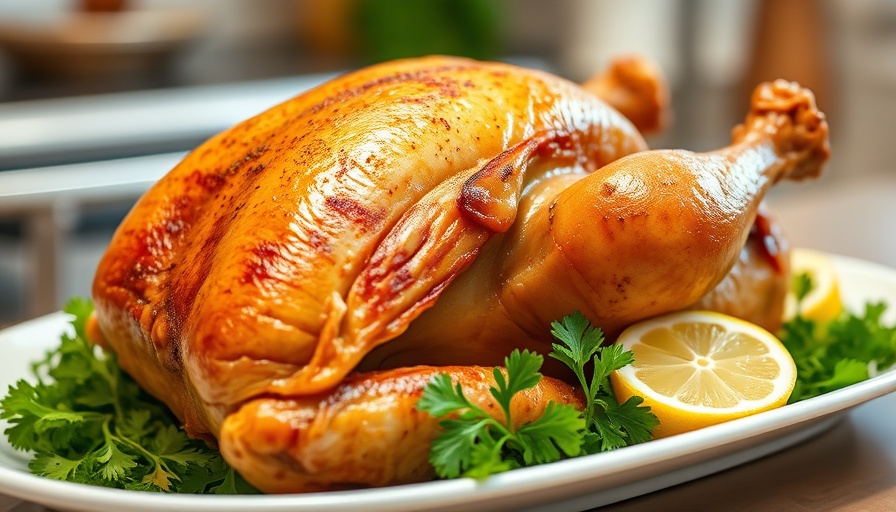 Golden air fryer whole chicken recipe on platter garnished with lemon.