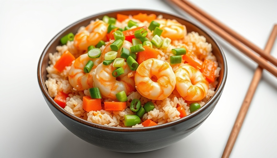 Shrimp fried rice recipe with colorful vegetables and chopsticks.