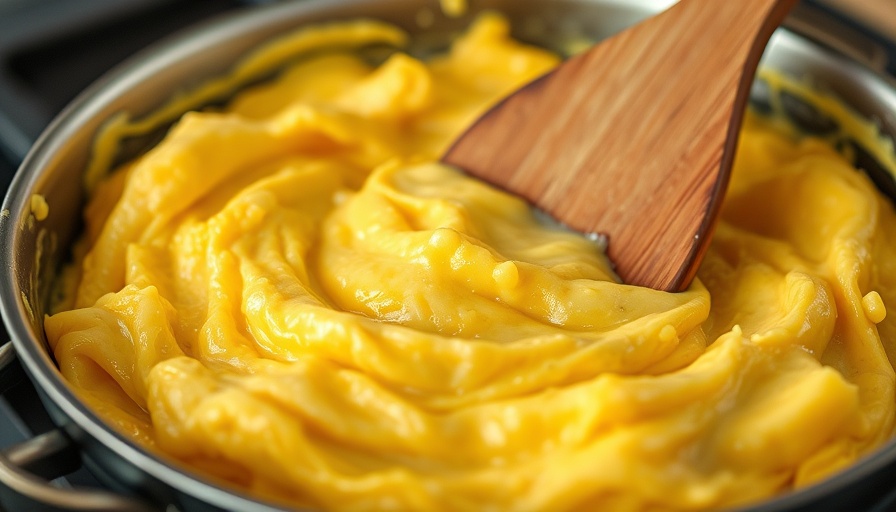 Close-up of scrambled eggs being stirred, highlighting texture and color.