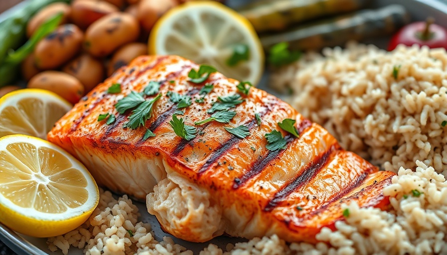 Grilled salmon recipe with rice and vegetables, close-up.