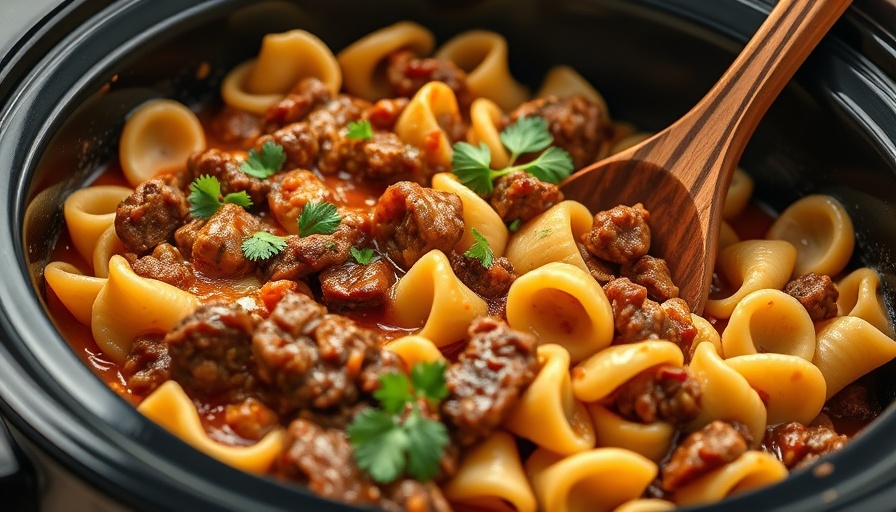 Slow cooker beef noodle casserole with a wooden spoon.