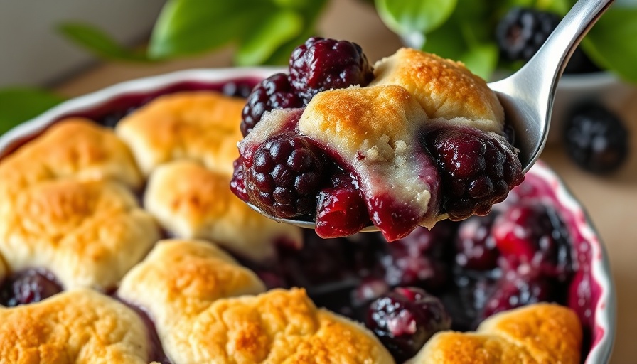 Delicious blackberry cobbler with golden-brown crust, served with a spoon.