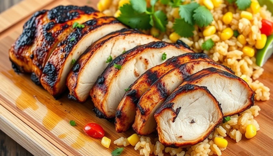 Juicy grilled Chipotle-style chicken slices on a board with salsa and rice.