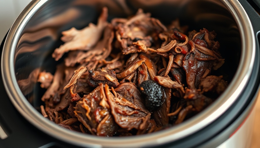 Instant Pot BBQ brisket, shredded and juicy in a close-up view.
