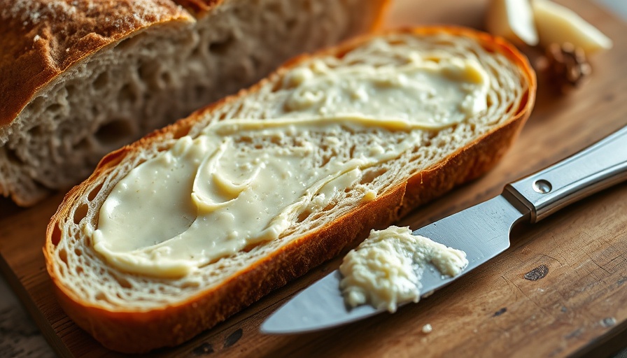 Homemade Garlic Butter Recipe on bread with knife on wooden table.