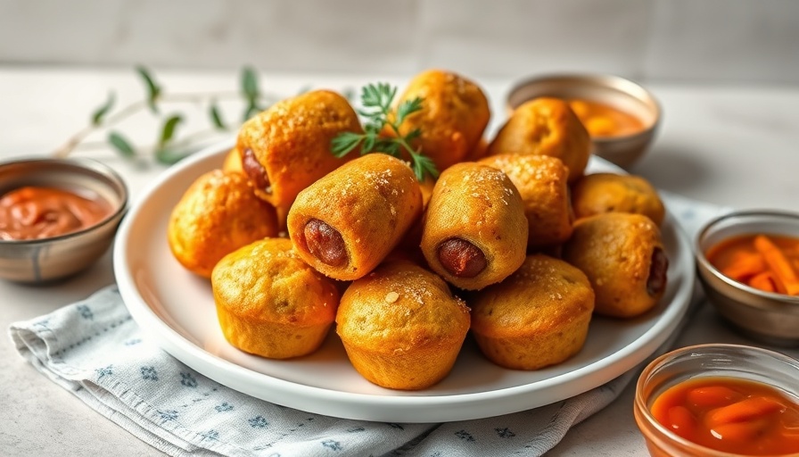 Mini corn dog muffins on a plate with condiments and a napkin.
