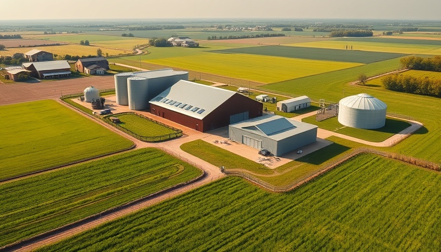 Aerial modern farm with smart home technology, lush fields