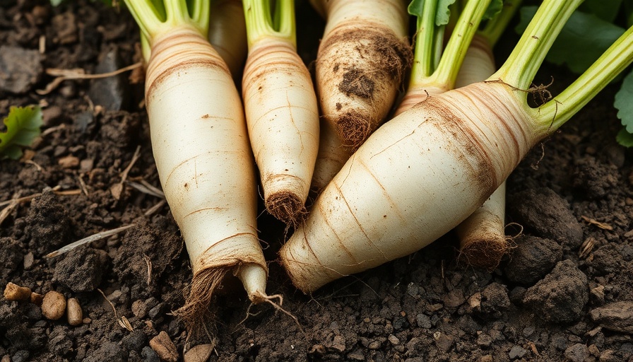 Freshly harvested horseradish roots with earthy textures.