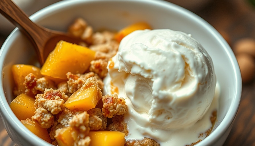Peach crisp recipe with ice cream served in a bowl