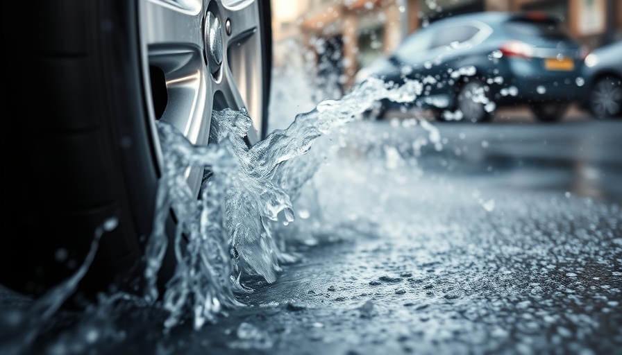 Close-up of tire on wet road showing how to avoid hydroplaning.