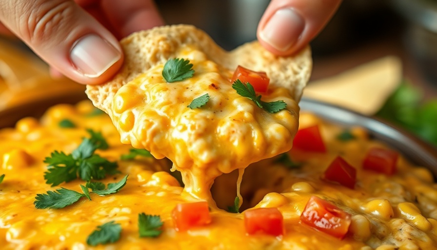 Delicious creamy corn dip with melted cheese and toppings.