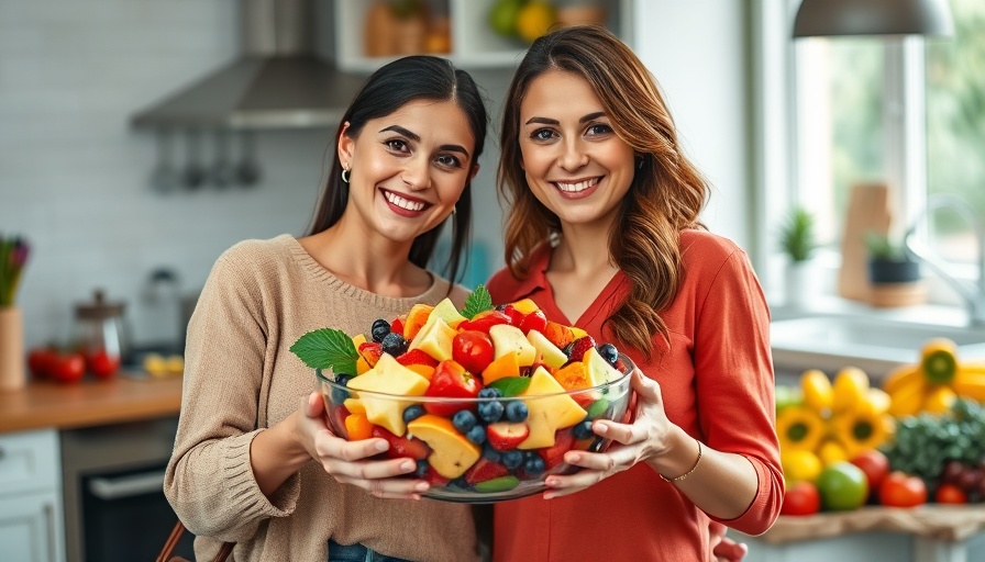 Fourth of July Fruit Salad bowl held by two smiling women.