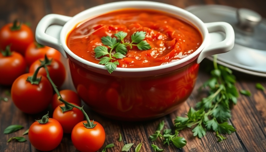 Homemade tomato sauce in pot with herbs.