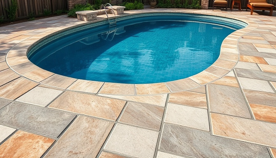 Types of stone tiles around a modern pool reflecting water.