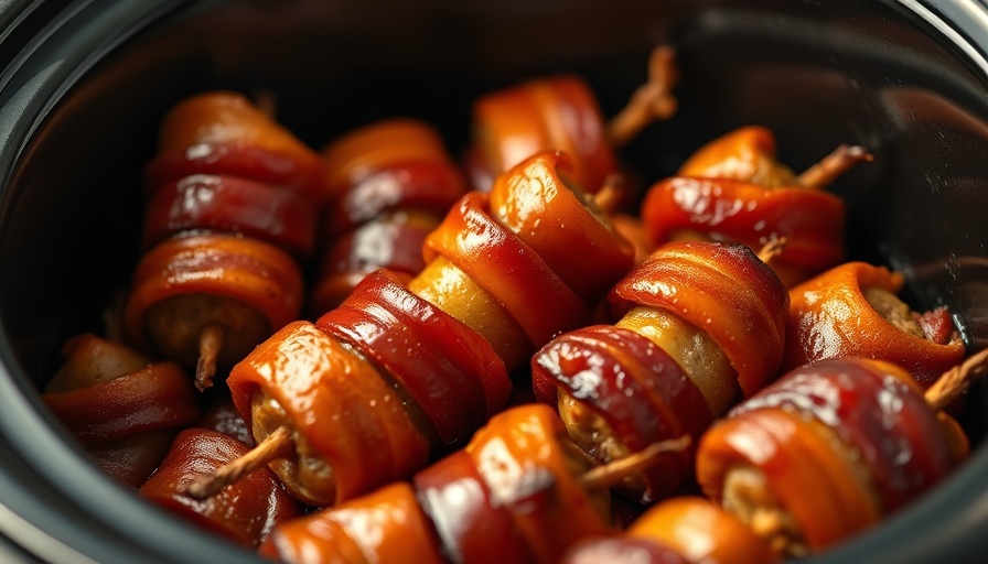 Bacon Wrapped Little Smokies Recipe in crock pot, evenly cooked and glistening.