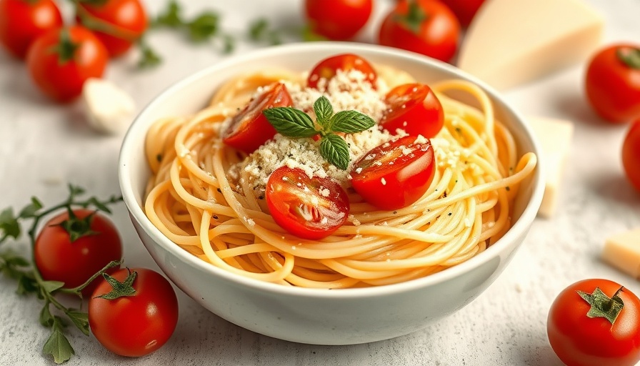 Delicious cherry tomato pasta topped with cheese and herbs.