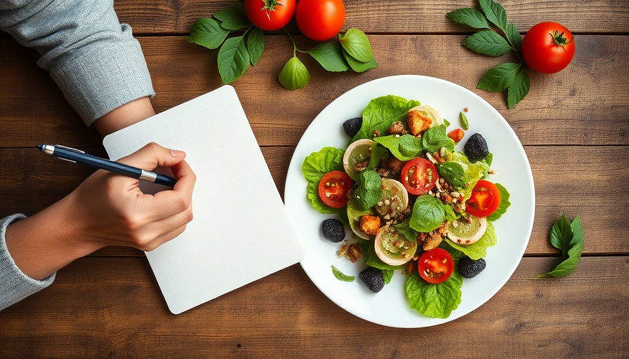 Person writing tips next to healthy salad on wooden table.