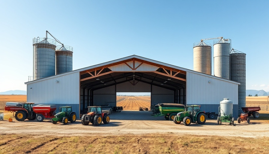 A spacious pole barn with farm equipment and grain silos under a clear sky