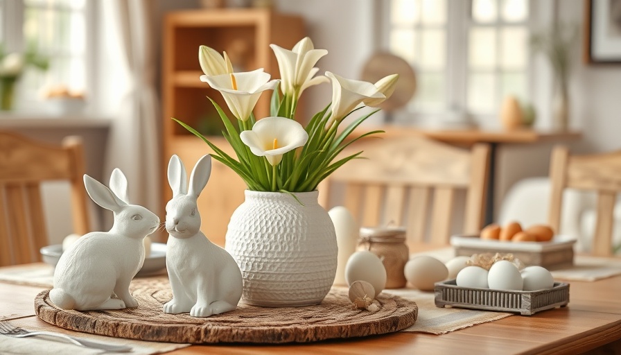 Elegant Easter table with ceramic rabbits and calla lilies centerpiece.