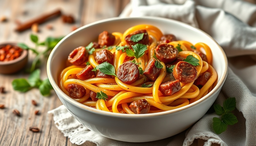 Savory Italian sausage pasta recipe with fresh herbs garnish.