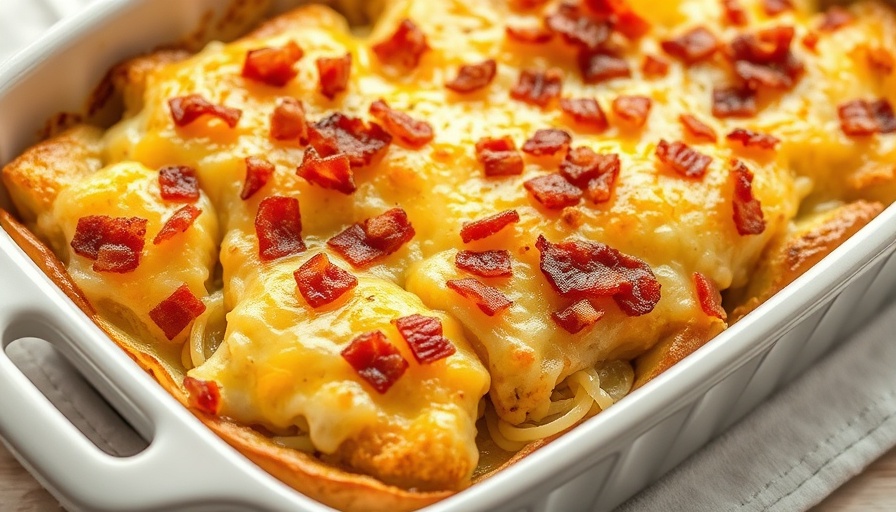 Loaded crack potatoes topped with cheese and bacon in a white baking dish.