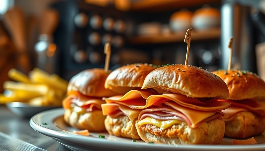 Game-Day Ham and Cheese Sliders held by smiling woman in kitchen.