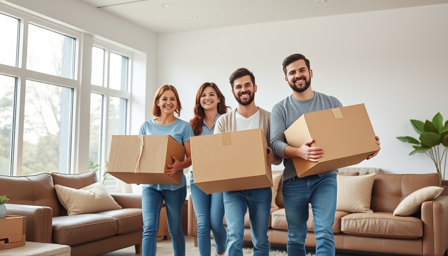 Family moving into a new house, carrying boxes in a bright room.