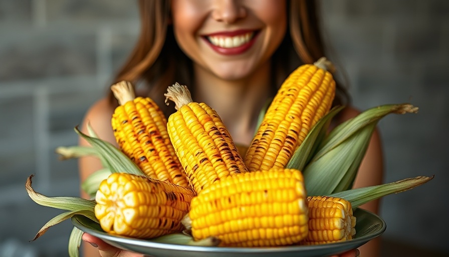 Grilling corn on the cob tutorial with fresh grilled corn and smiling woman.