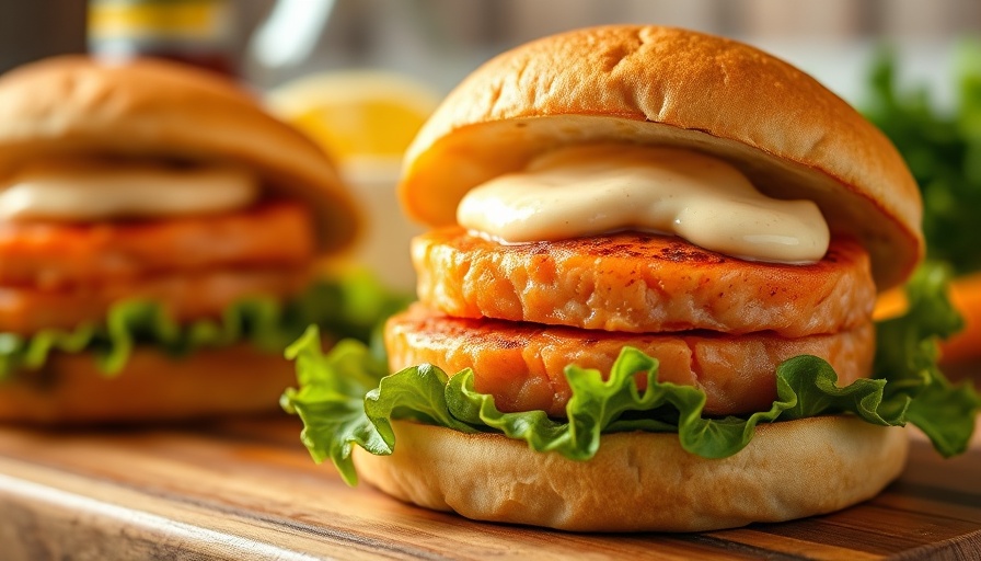 Delicious salmon burgers with lettuce and sauce on a rustic table