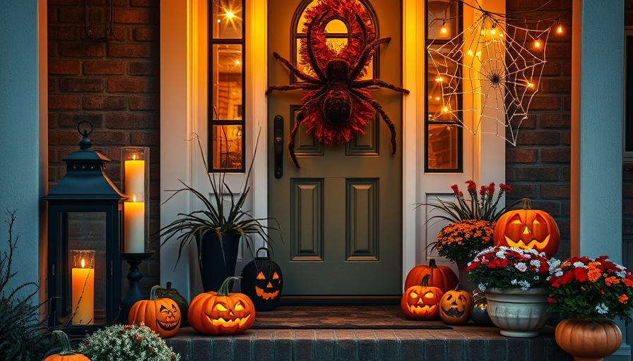 DIY Halloween door decorations with pumpkins, lanterns, and a spider.