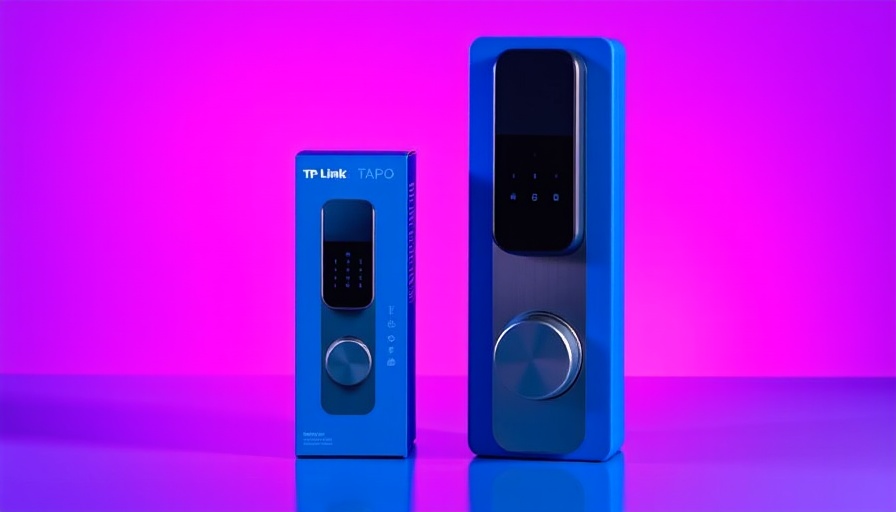 TP-Link Tapo Smart Door Lock and packaging against purple gradient background.