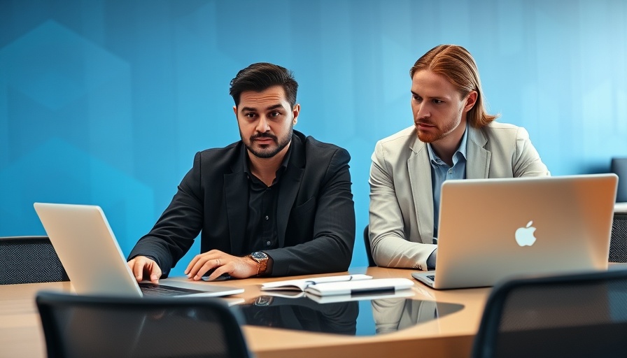 Professionals discussing business at a modern office desk with laptops.