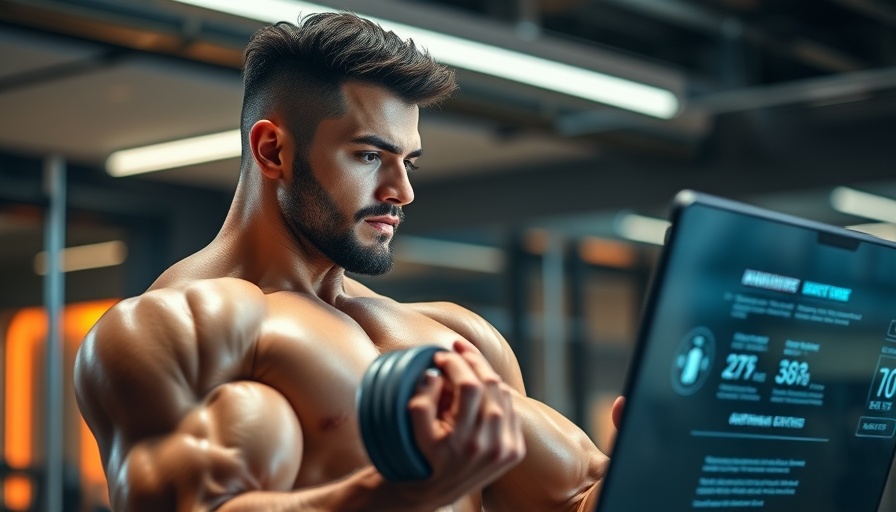 Muscular man using AI in fitness coaching in modern gym.