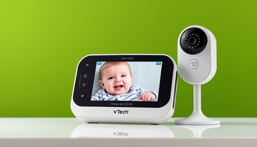 VTech VM819 baby monitor displayed on vibrant green background.