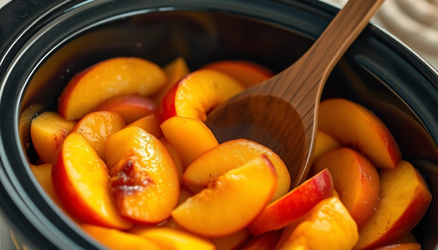 Crock Pot Peach Dump Cake ingredients with wooden spoon.