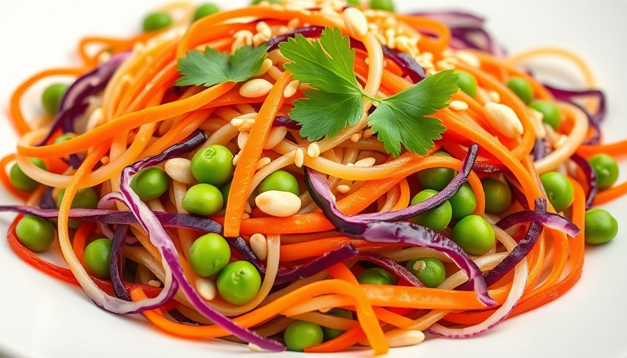 Colorful healthy noodle salad with vegetables and nuts.