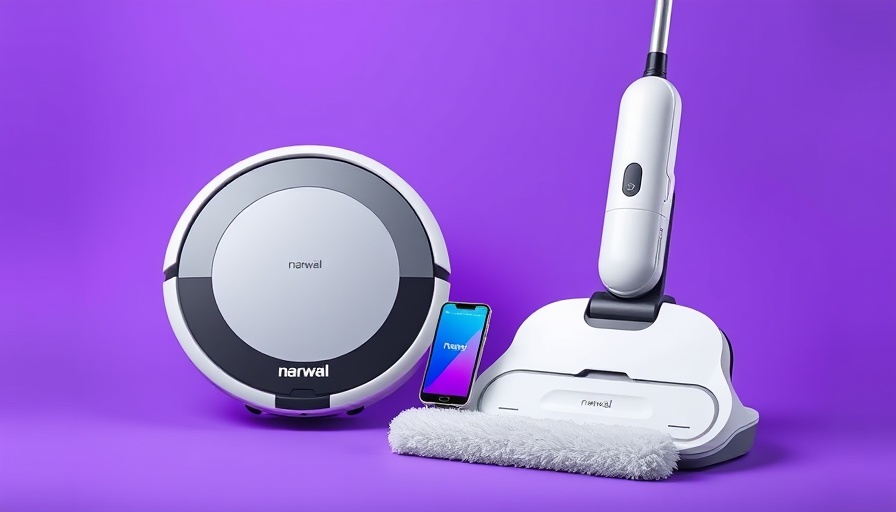 Sleek modern Narwal robot vacuum and mop with smartphone, high-tech appliance.