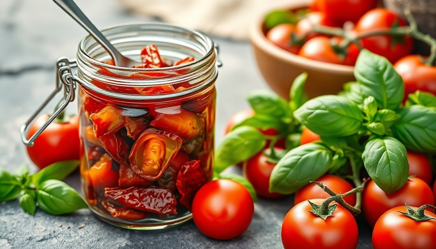 Homemade sun-dried tomatoes in a jar with spoon and fresh basil.