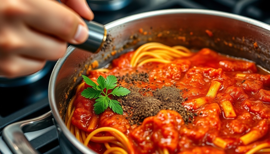One-Pot Spaghetti cooking process with tomato sauce and spices.