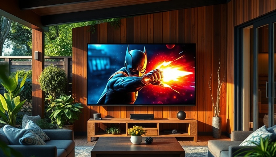 Outdoor TVs for homeowners with vibrant superhero scene displayed.