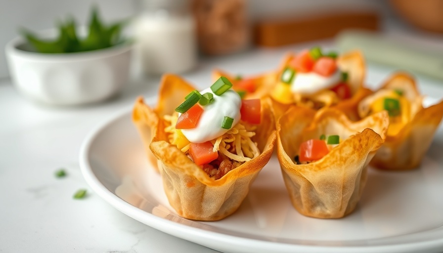 Crispy wonton taco cups with toppings on a plate.