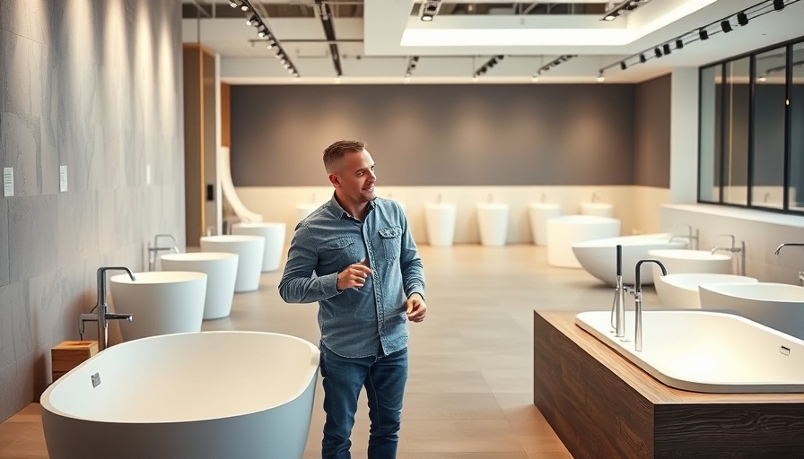 Discussing new bathtub options in a modern showroom.