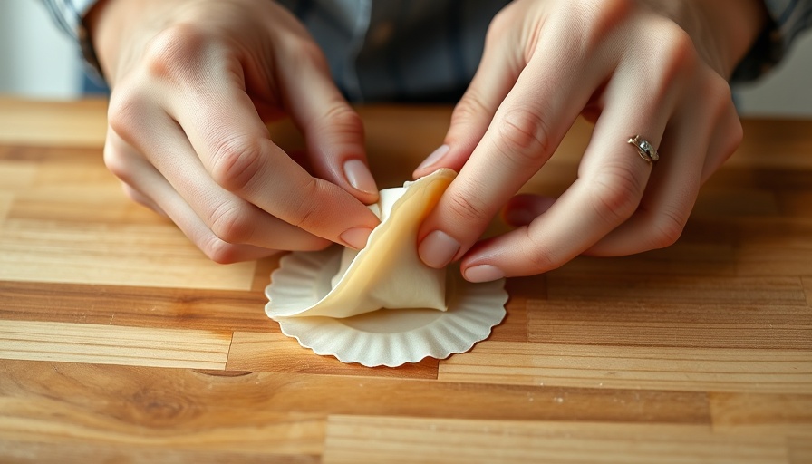 Hand folding cream cheese wonton wrapper on wooden table.
