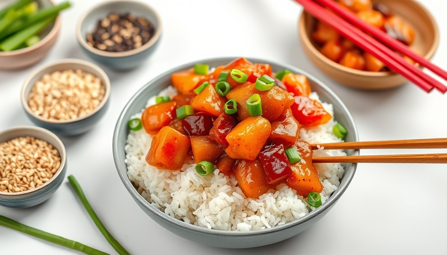 Slow Cooker Sweet & Sour Chicken on rice with chopsticks.