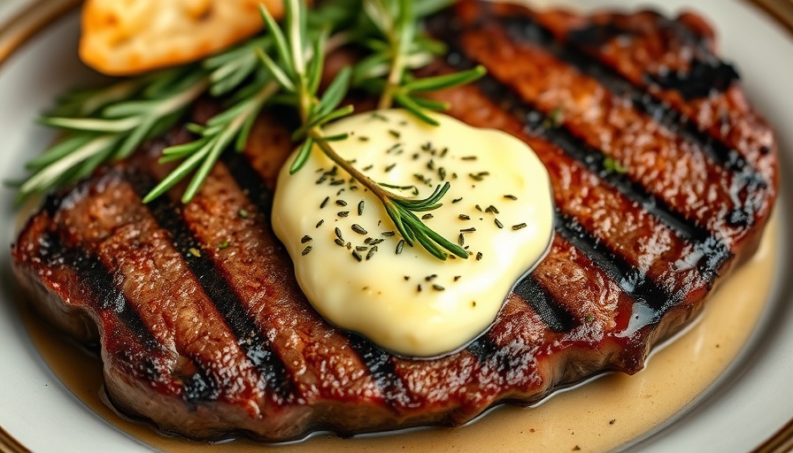 Grilled steak with homemade steak butter recipe garnished with herbs.