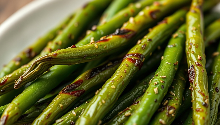 Close-up of grilled green beans with seasoning in photorealistic style.
